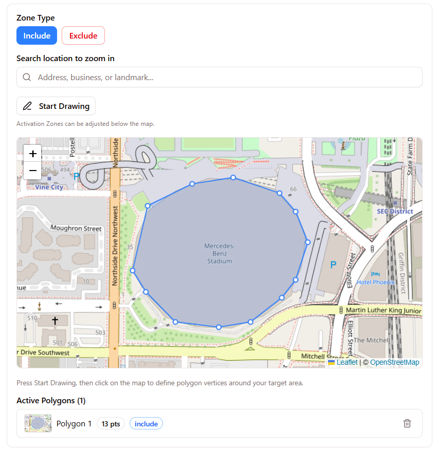 Polygon geofence builder inside the Manifold campaign wizard, clicking the map to define vertices around a target area such as a stadium